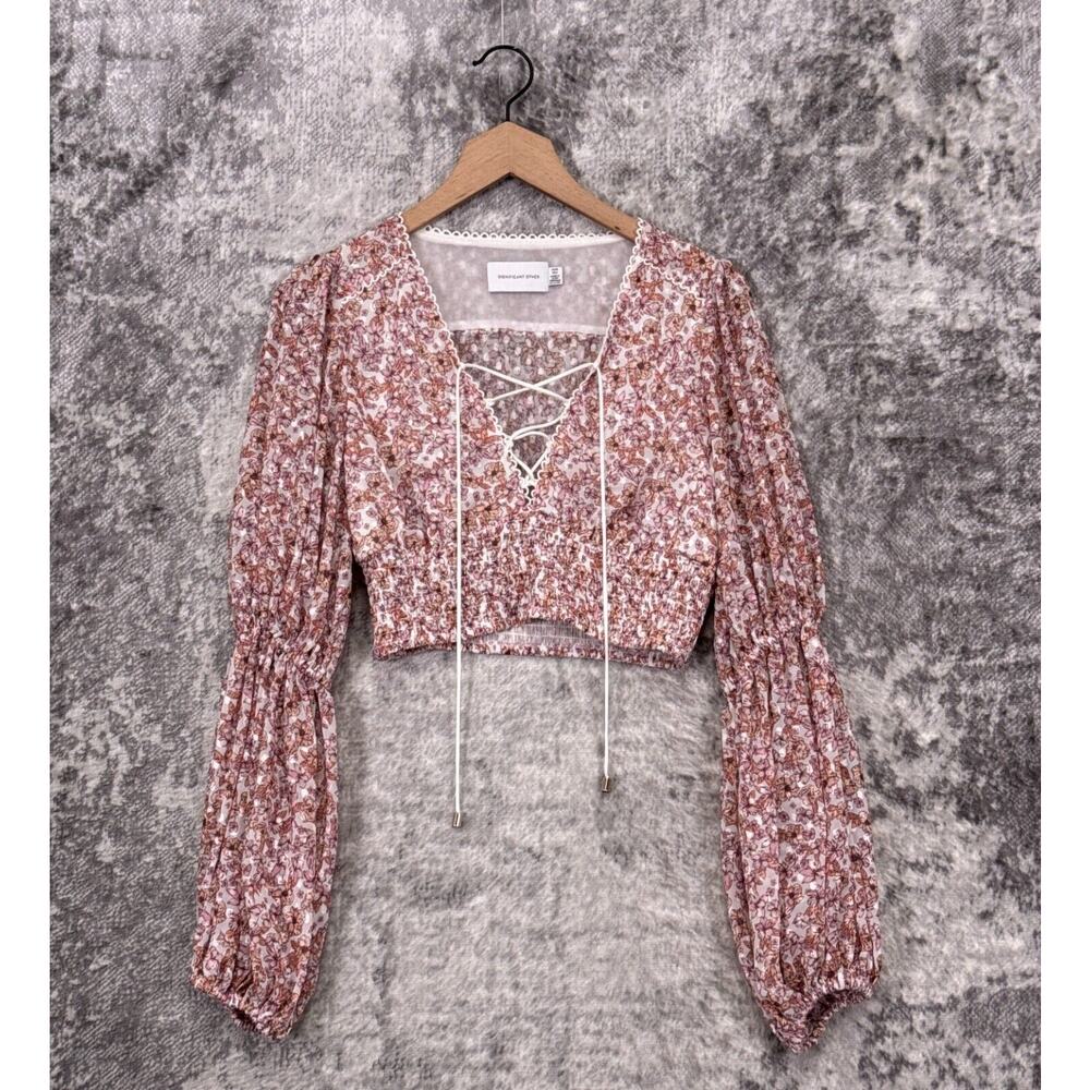 New Significant Others Top 6 Womens Floral Smocked Lace Up Crop Blouse